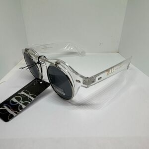 Retro Flip Up Round Sunglasses Smoke Lens Clear Frame UV Protection